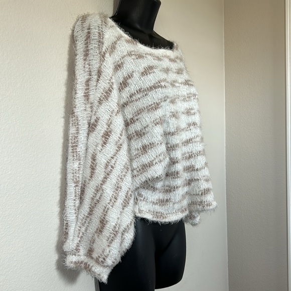Jolie Cream and Brown Fuzzy Striped Dolman Sleeve Boat Neck Sweater - Picture 4 of 6